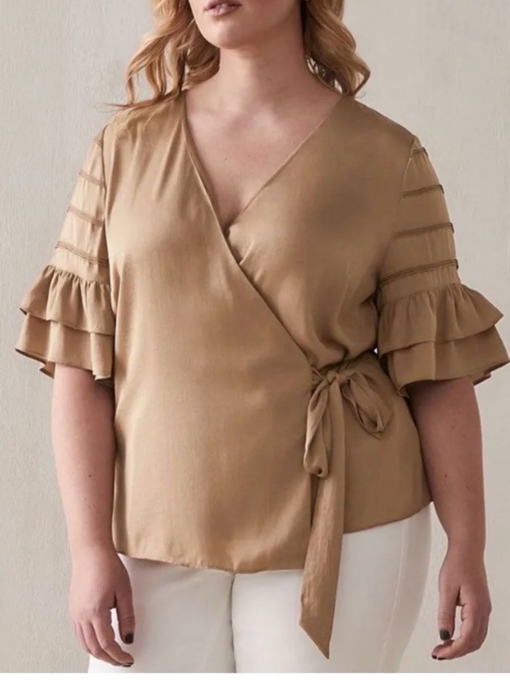 Love & Legend brown  Wrap Front Ruffle Sleeve Top
